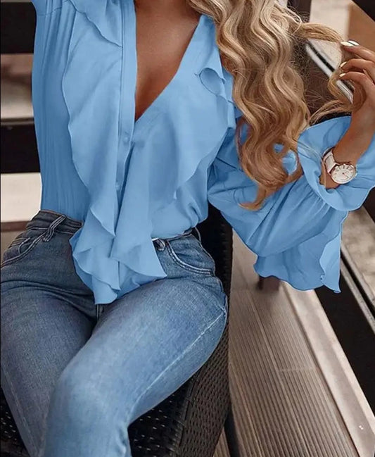 V-Neck Chiffon Ruffle Blouse